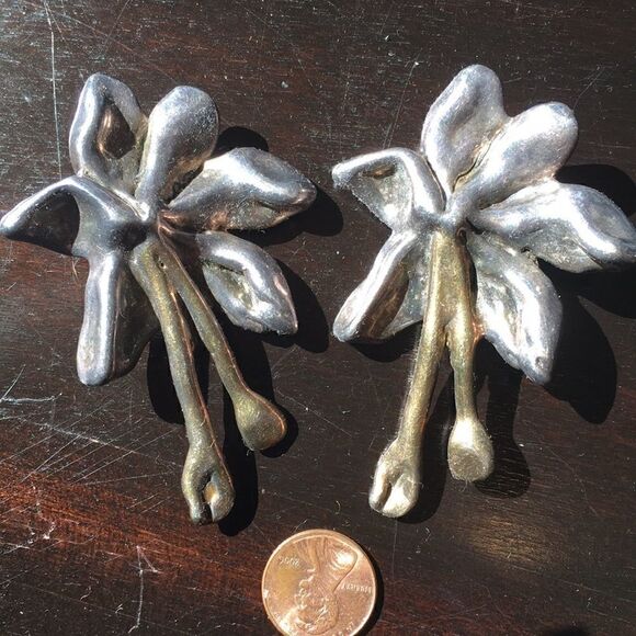 925 Vintage 925 Sterling Large statement clip abstract floral Chunky Earrings 3" - Picture 8 of 15